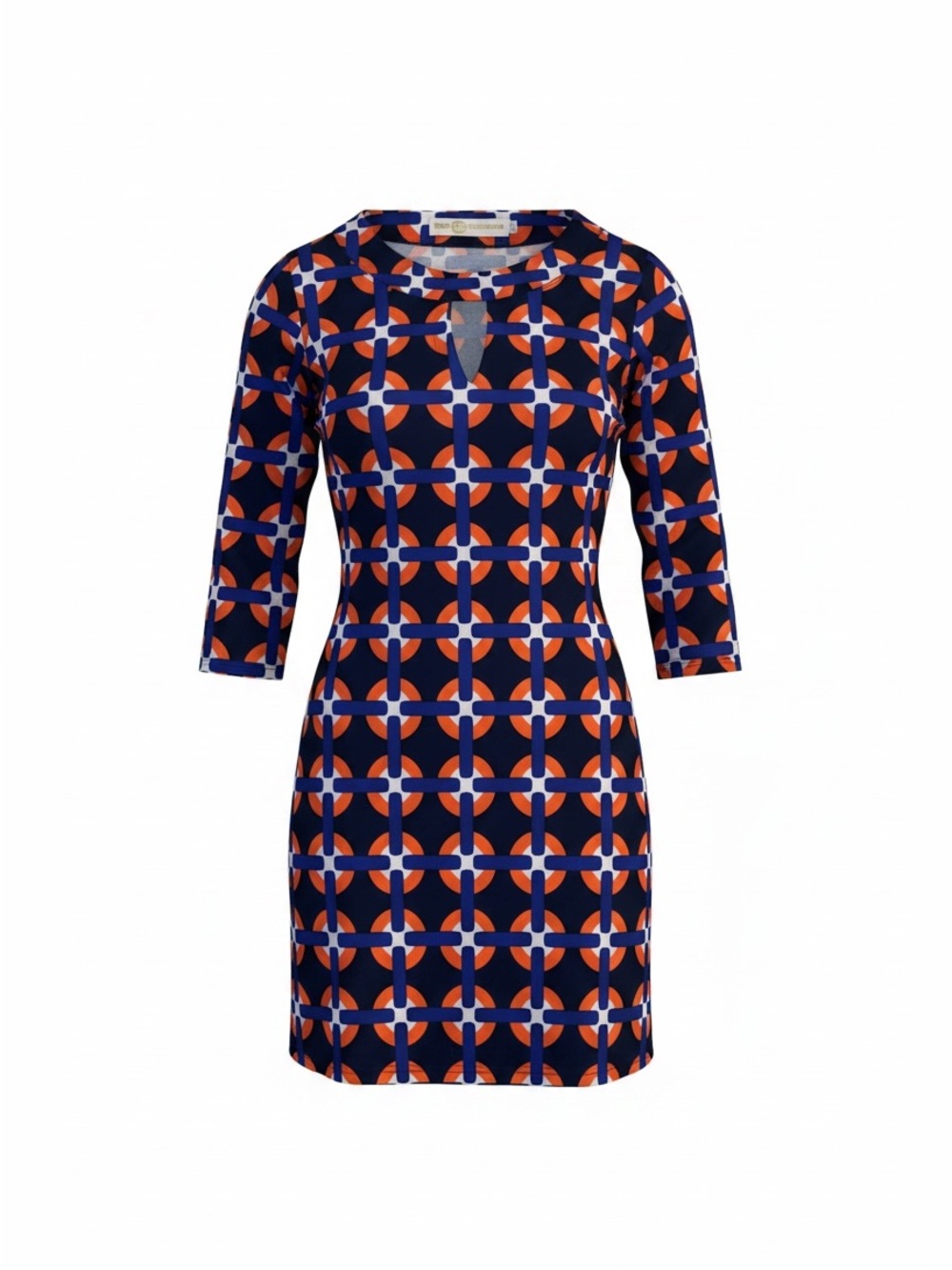 Tracy Negoshian Navy, Orange & White Geometric Sheath Dress